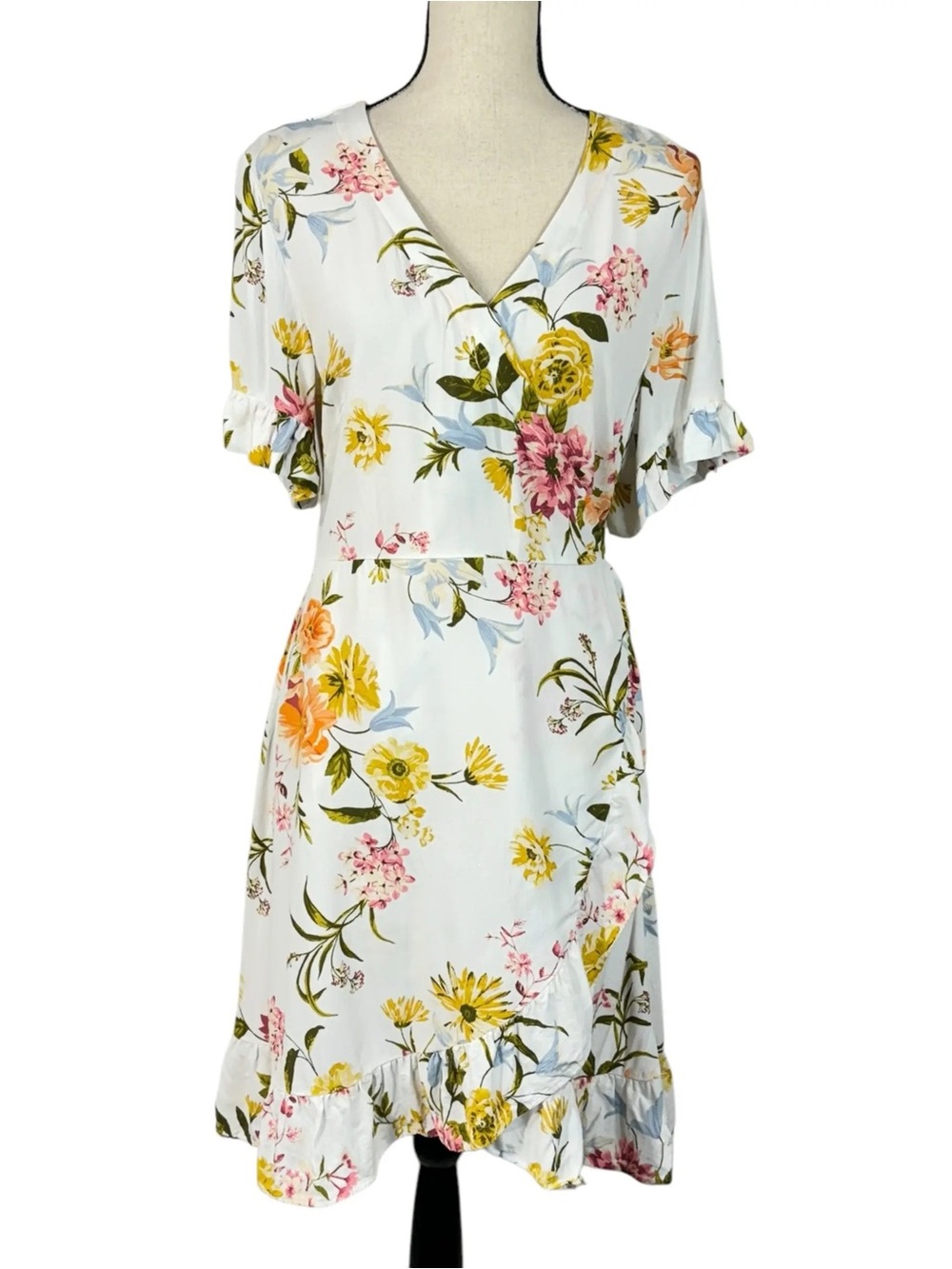 LOFT White Floral Wrap Dress with Yellow & Pink Blooms